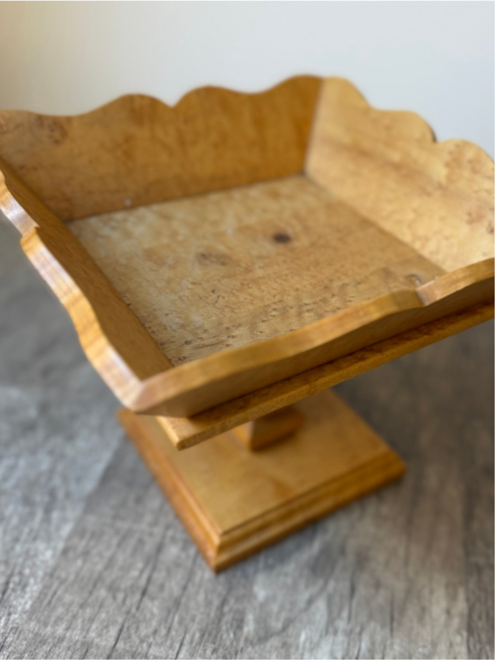 Signed Handcrafted Birdseye Maple Wood Footed Scalloped Display Stand Tray